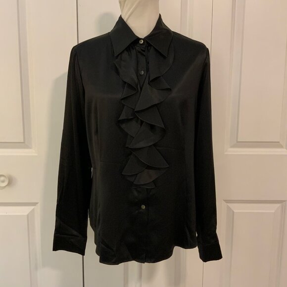 Lafayette 148 Black Silk Ruffle Front Collared Top Size 12 - Picture 1 of 11